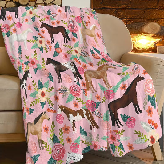 Ultra Soft- Pink -Horses & Flowers Blanket