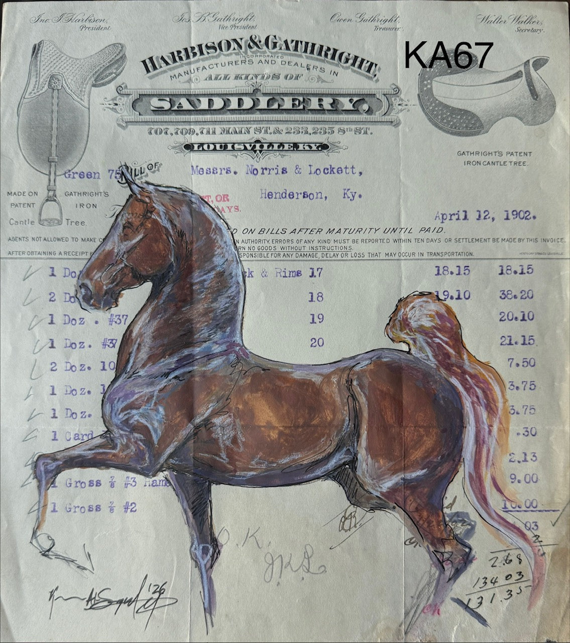 Kenna Al-Sayed: Original American Saddlebred Art on Vintage Harbison & Garthright 1902 Bill-Head, 8.5" x 9.5" (KA67)