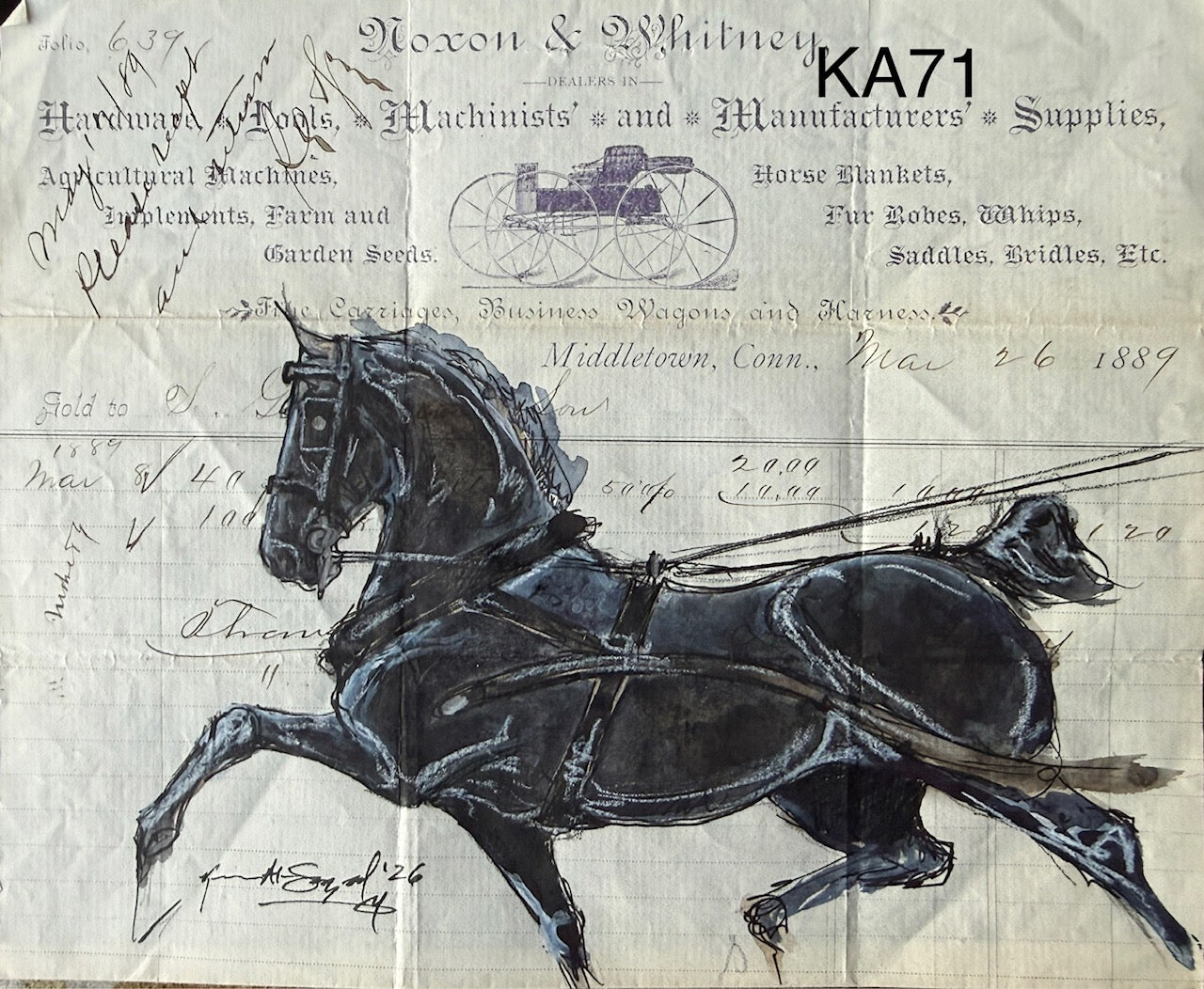 Kenna Al-Sayed: Original American Saddlebred Art on Vintage Noxon & Whitney Bill Head 1889, 7" x 8.5" (KA71)