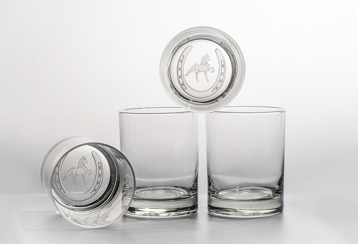 Saddlebred Horse in Horseshoe Etched on Four Double Old Fashioned Glasses