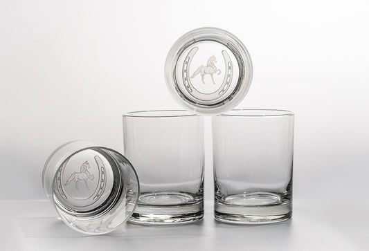 Saddlebred Horse in Horseshoe Etched on Four Double Old Fashioned Glasses