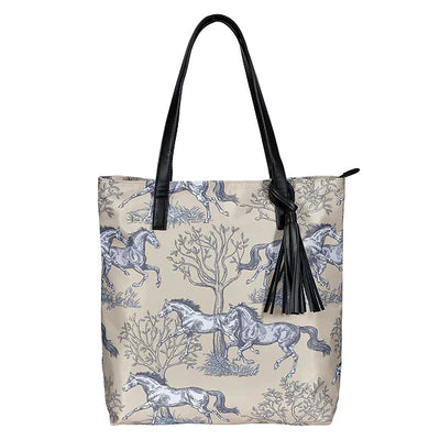 Tan Toile Pattern Tote Bag w/Tassel