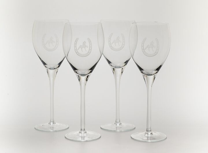 Saddlebred Horse in Horseshoe Etched on Four Wine Glasses