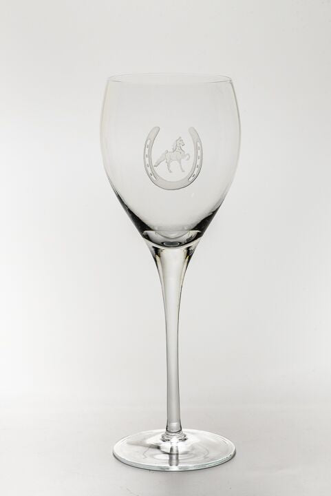 Saddlebred Horse in Horseshoe Etched on a Wine Glass