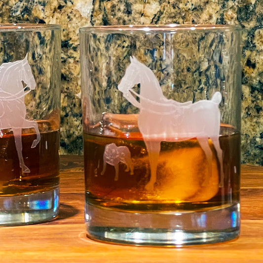 1908 Louisville Horse Show Etched Double Old-Fashioned Glasses