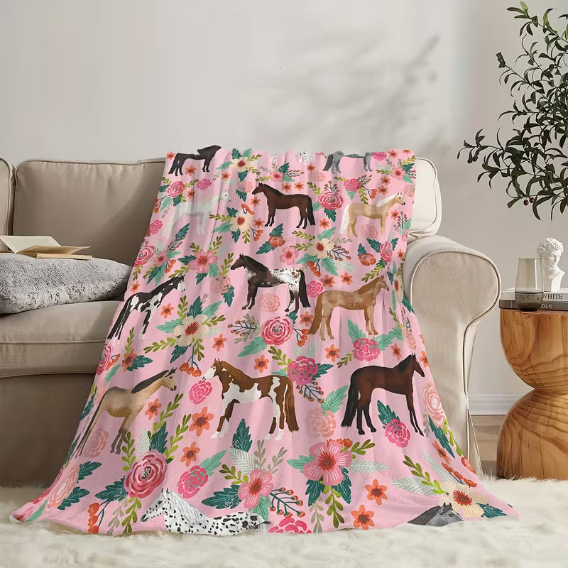 Ultra Soft- Pink -Horses & Flowers Blanket