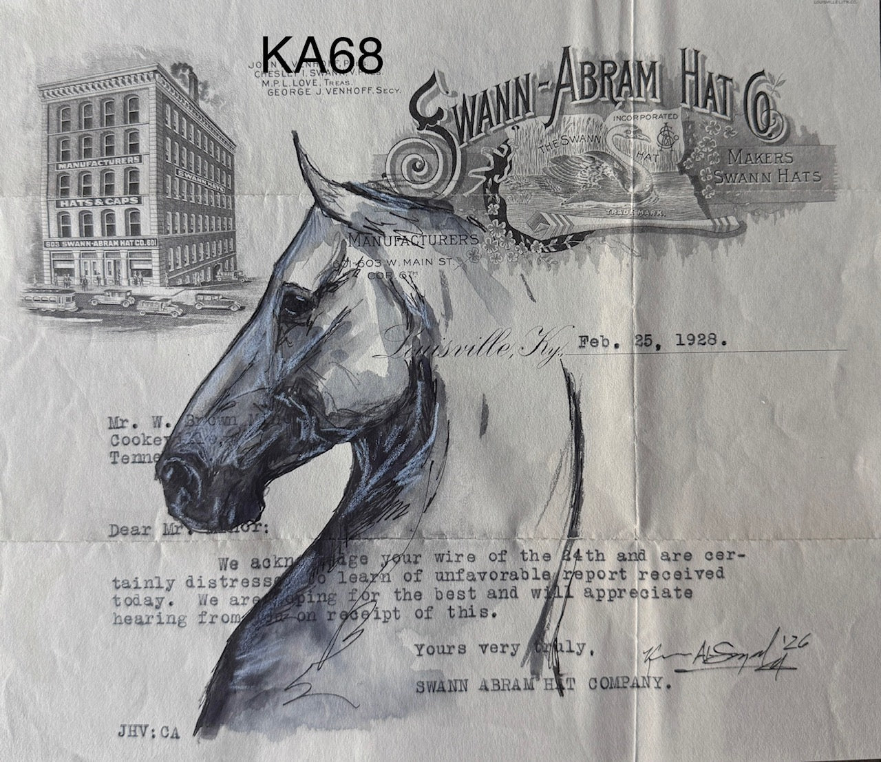 Kenna Al-Sayed: Original American Saddlebred Art on Vintage Swann-Abram Hat Co Letterhead, 7.5" x 8.5" (KA68)