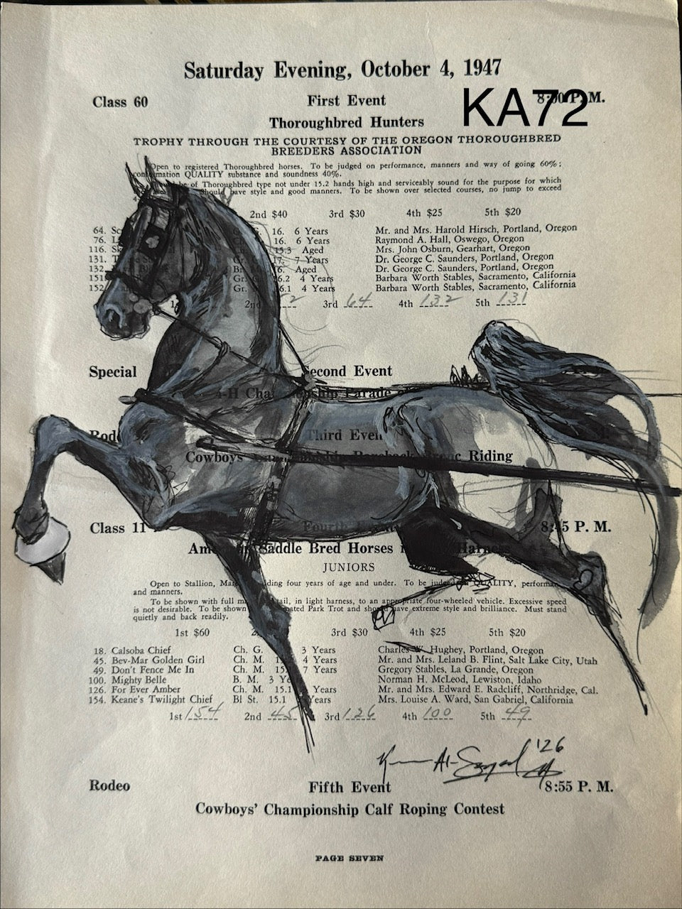 Kenna Al-Sayed: Original American Saddlebred Art on Vintage Horse Show Program Saturday Night, 8" x 11" (KA72)