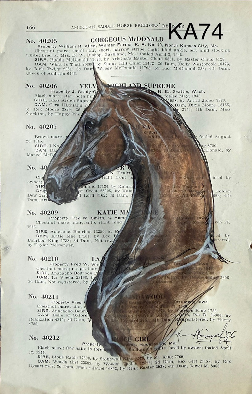 Kenna Al-Sayed: Original American Saddlebred Art on Vintage American Saddle-Horse Register Page 166, 6" x 9" (KA74)