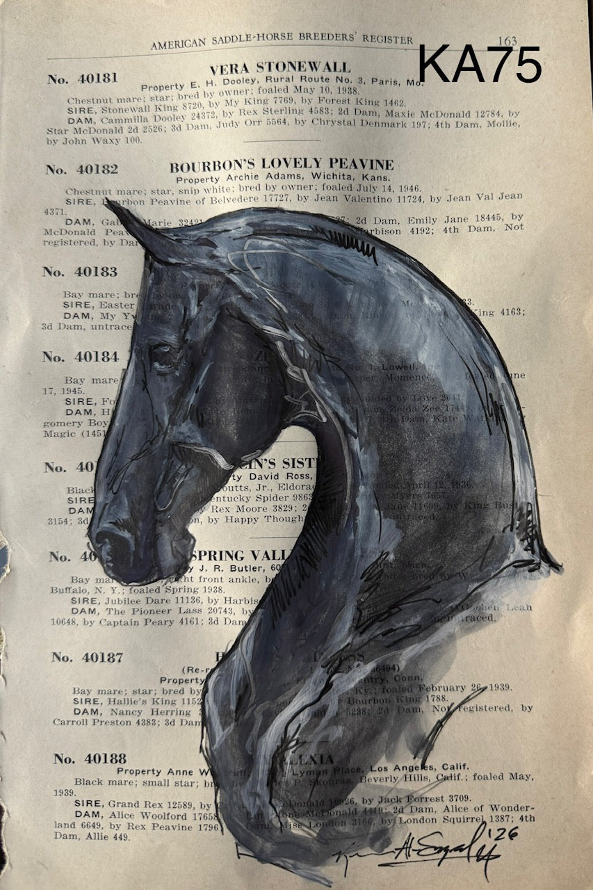 Kenna Al-Sayed: Original American Saddlebred Art on Vintage American Saddle-Horse Register Page 163, 6" x 9" (KA75)