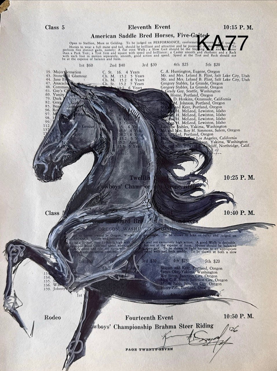Kenna Al-Sayed: Original American Saddlebred Art on Vintage Horse Show Program Eleventh Event, 8" x 11" (KA77)