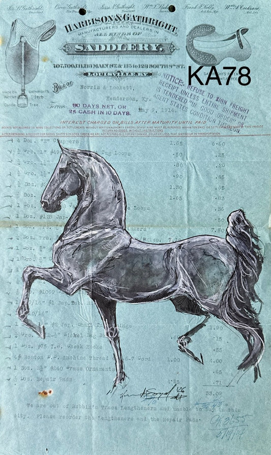 Kenna Al-Sayed: Original American Saddlebred Art on Vintage Harbison & Gathright 1914 Bill-Head Blue, 8.5" x 14.25" (KA78)
