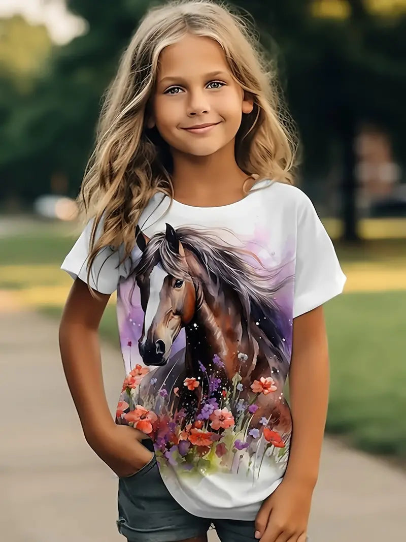 Girls 3D Horse Graphic Short Sleeve T-shirt