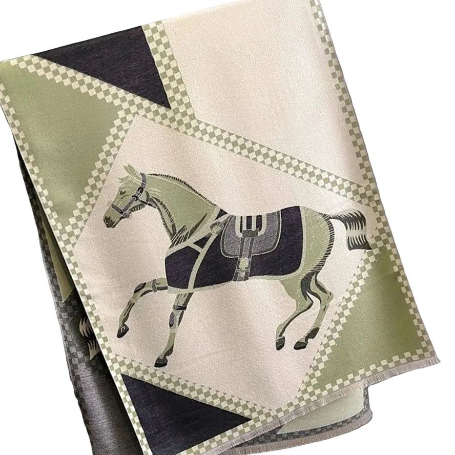 Fabric with a horse design on a checkered background