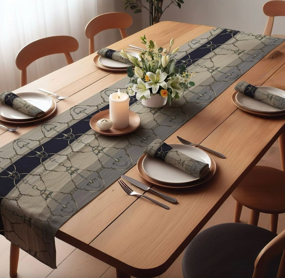 Navy Equestrian Snaffle Bit Stripe Table Runner