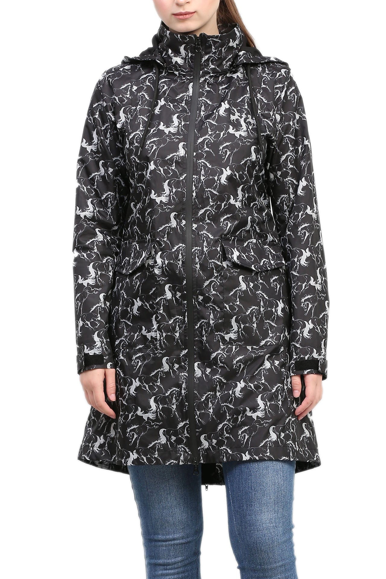 Ladies Linear Horse Rain Full Length Jacket - Black
