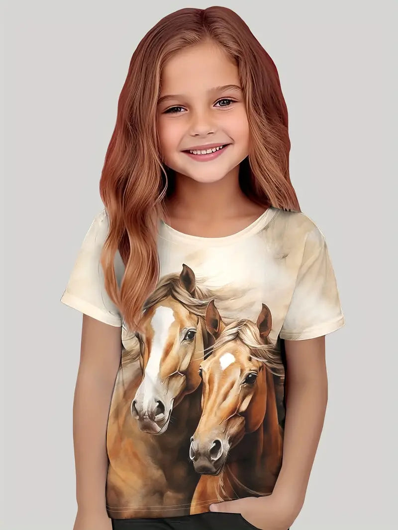 Girls 3D Horse Print Crew Neck Short Sleeve T-shirt