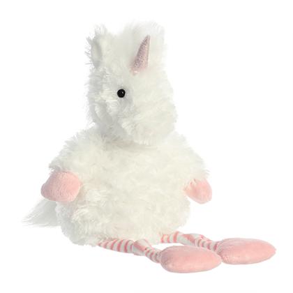 Stella the Unicorn Stuffed Animal Plush Toy Fuzzy White with Black Eyes, Pink Horn, Hands, and Feet, and Pink and White Striped Legs