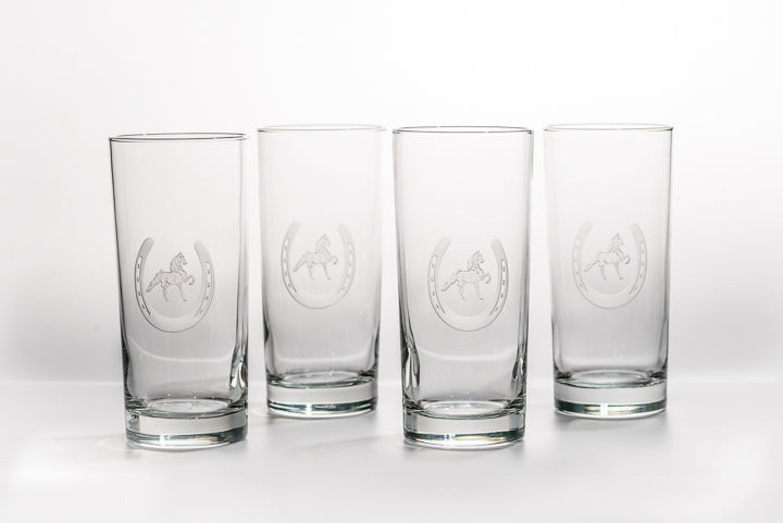 Saddlebred Horse in Horseshoe Etched on Four High Ball Glasses