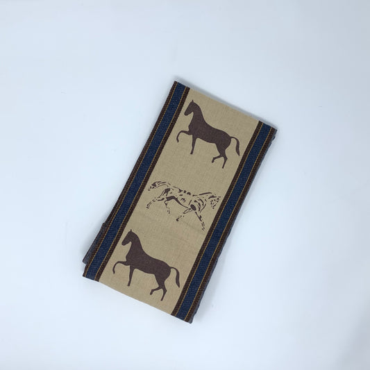 Waffle Weave Horse Kitchen Towel Tan Background Blue and Brown Stripe Brown Silhoutte of Horses in Middle