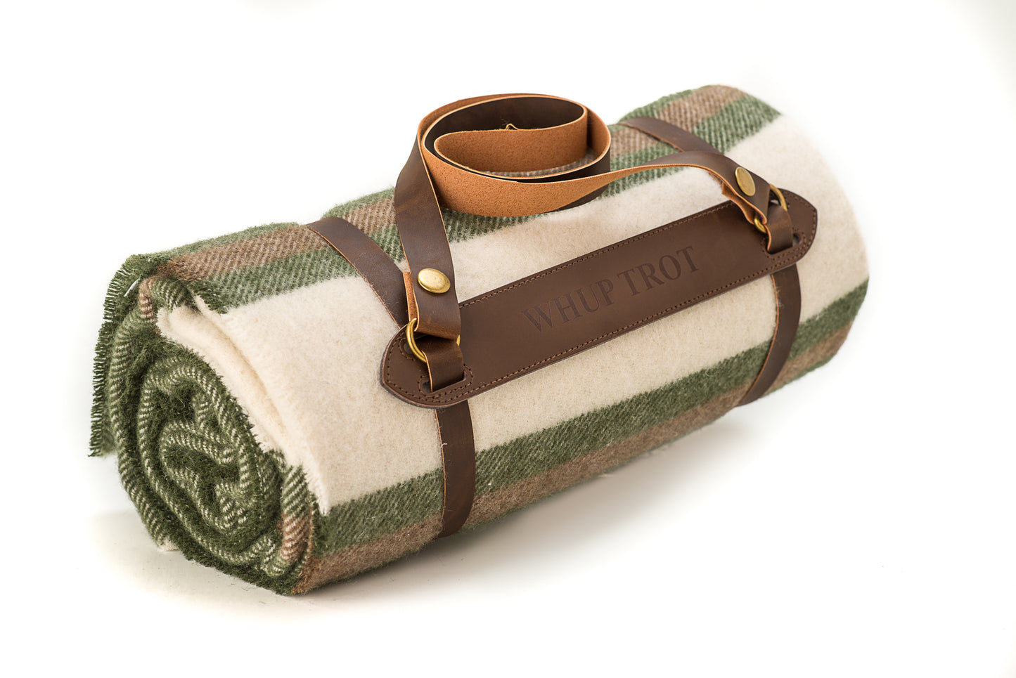 Whup Trot Travel Blanket Olive Green with Cream and Light Brown Stripes on Ends Rolled Up in Leather Carrier with Whup Trot Embossed