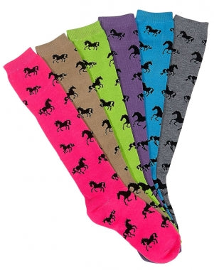 Knee Socks in Pink Tan Green Purple Aqua and Grey with Black Running Horse Silhouttes All Over Laying Flat Fanned Out