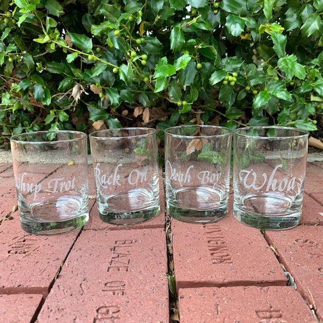 Saddlebred Horse Show Sayings Etched on Four Glass Double Old Fashioned Glasses "Whup Trot" "Rack On" "Yeah Boy" "Whoa"