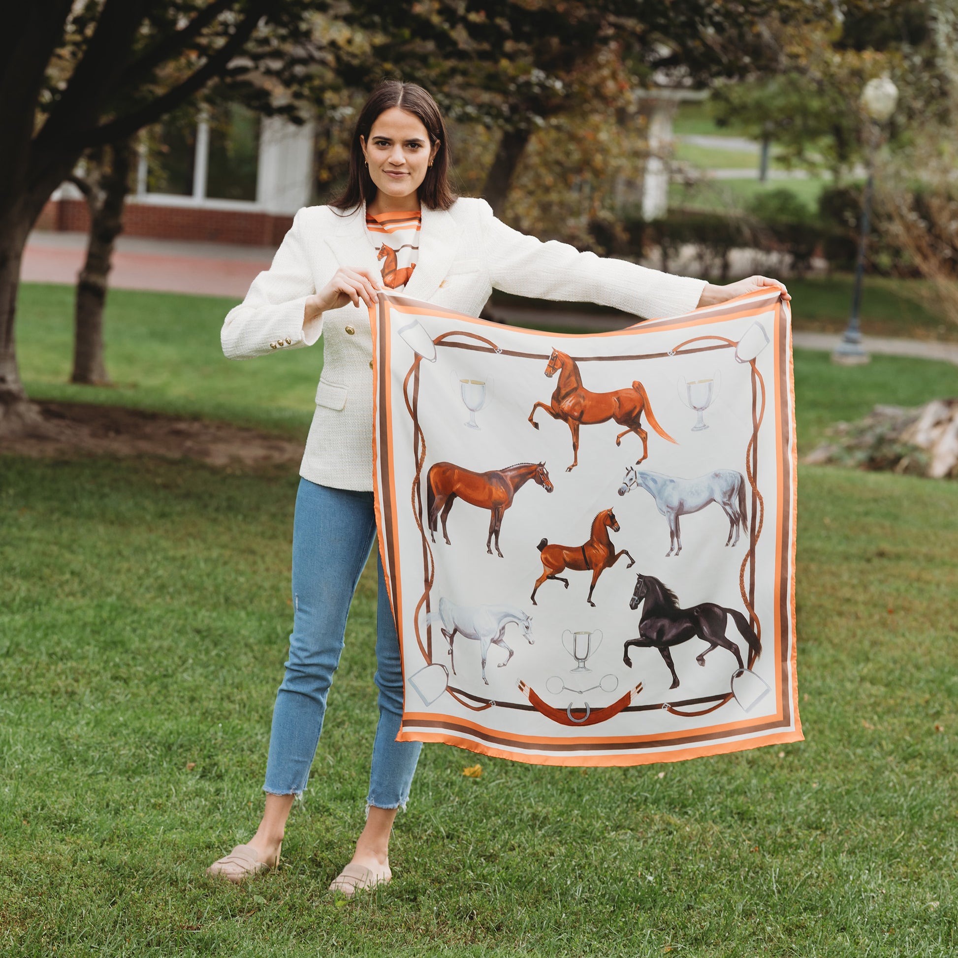 Elegant Horse Print Silk Scarf in Orange, Pink, and Gray