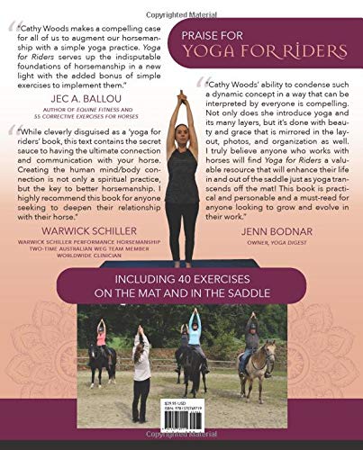 Yoga For Riders Book Back Cover by Cathy Woods Row of Horses with Riders Stretching Arms Updwards